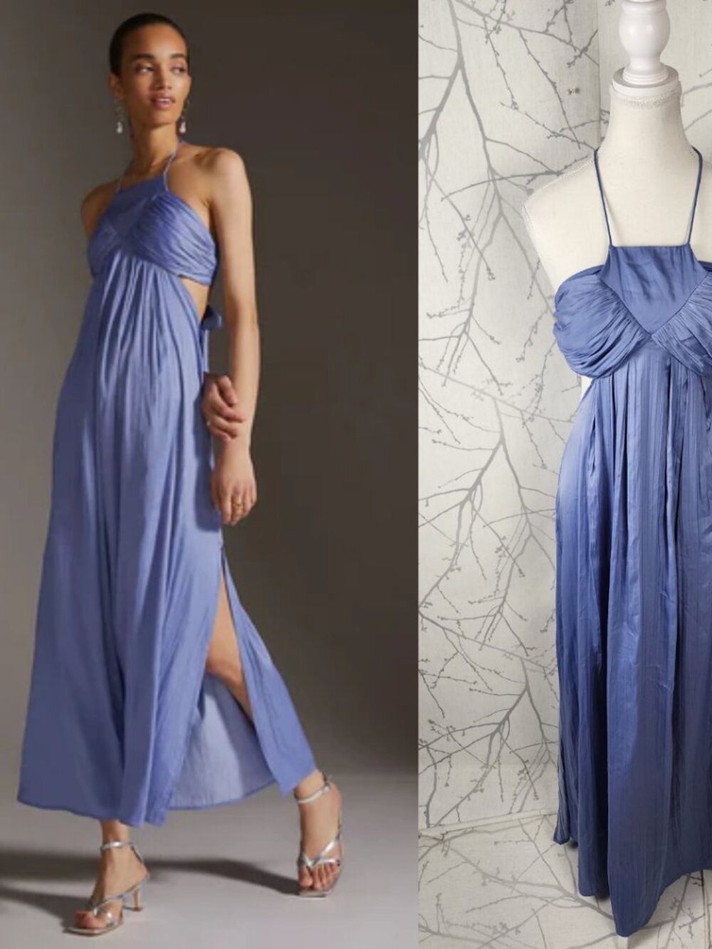 By Anthropologie Periwinkle Blue Satin Strappy Halter Tie Back Maxi Dress - Picture 1 of 8